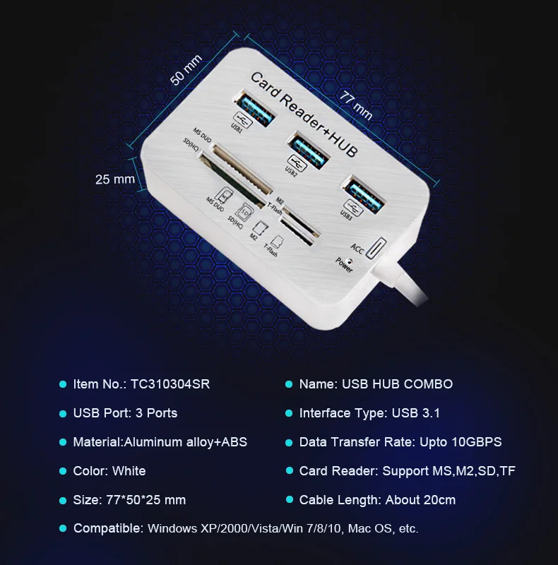 3 Port USB 2.0 Hub MS SD M2 TF Multi-In-1 Memory Card Reader Adapter