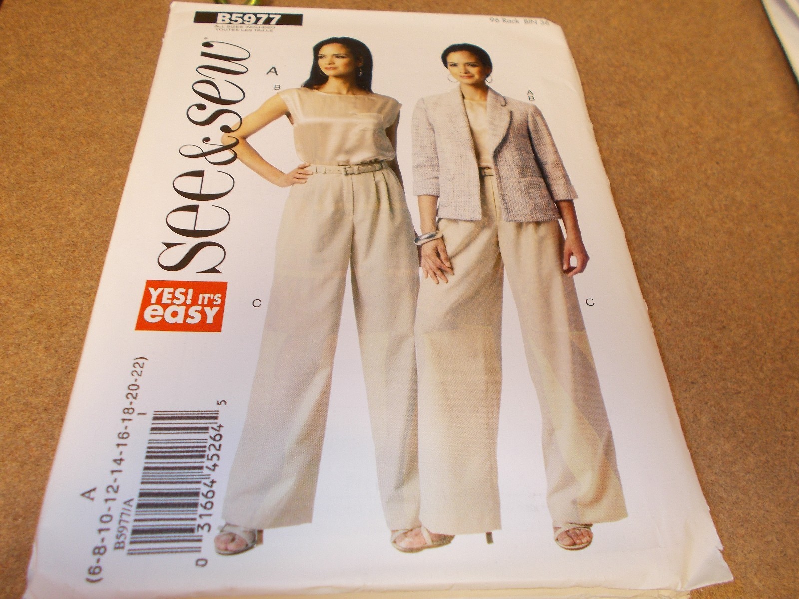 Butterick Pattern B5977 Ms EZ SEE & SEW Unlined Jacket, Top & Pants Sz 6-22