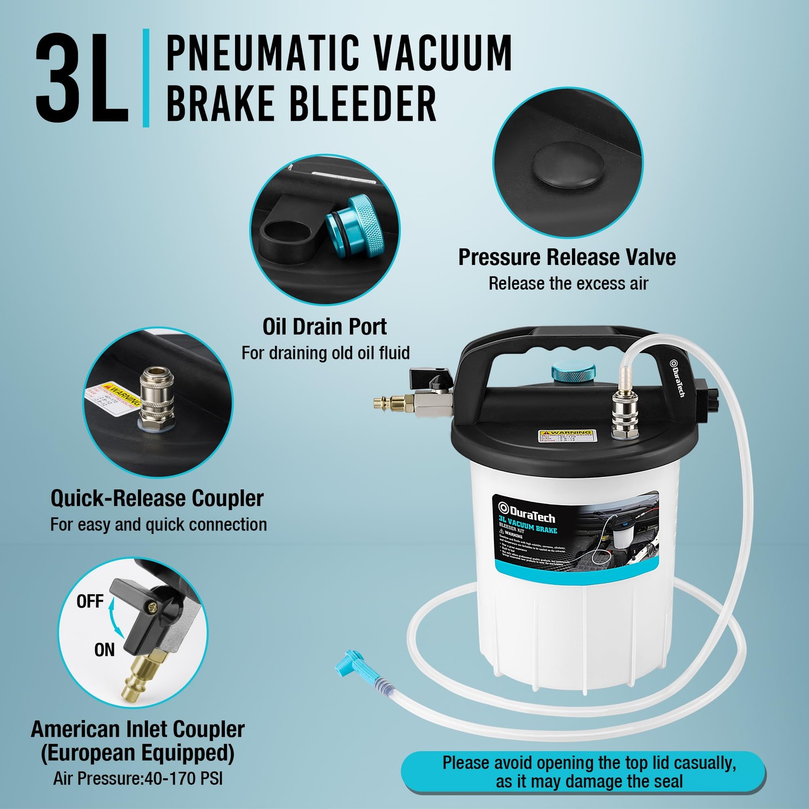 DURATECH 3L Pneumatic Brake Bleeder Kit, Vacuum Pump Tool