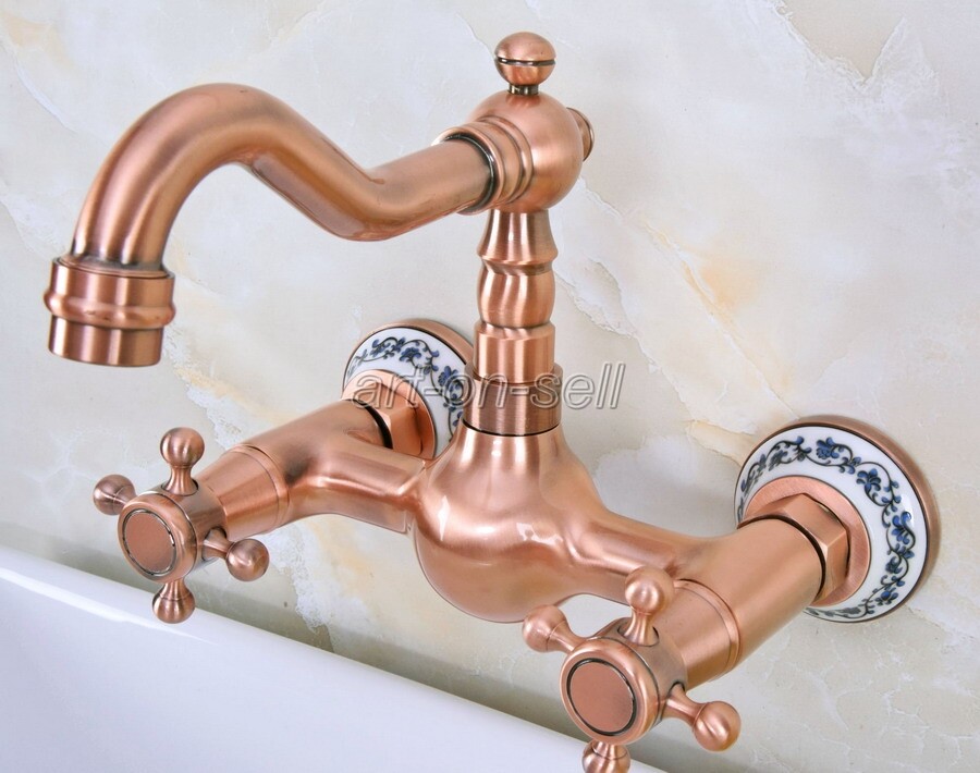 Antique Red Copper Wall Mount Bathroom Swivel Basin Sink Faucet Mixer Tap anf941
