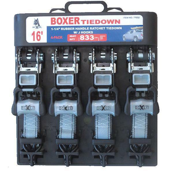 Boxer 4 Pc 1-1/4” x 16’ HD Ratcheting Tie Down w/ J Hooks 2500 lbs, 77032