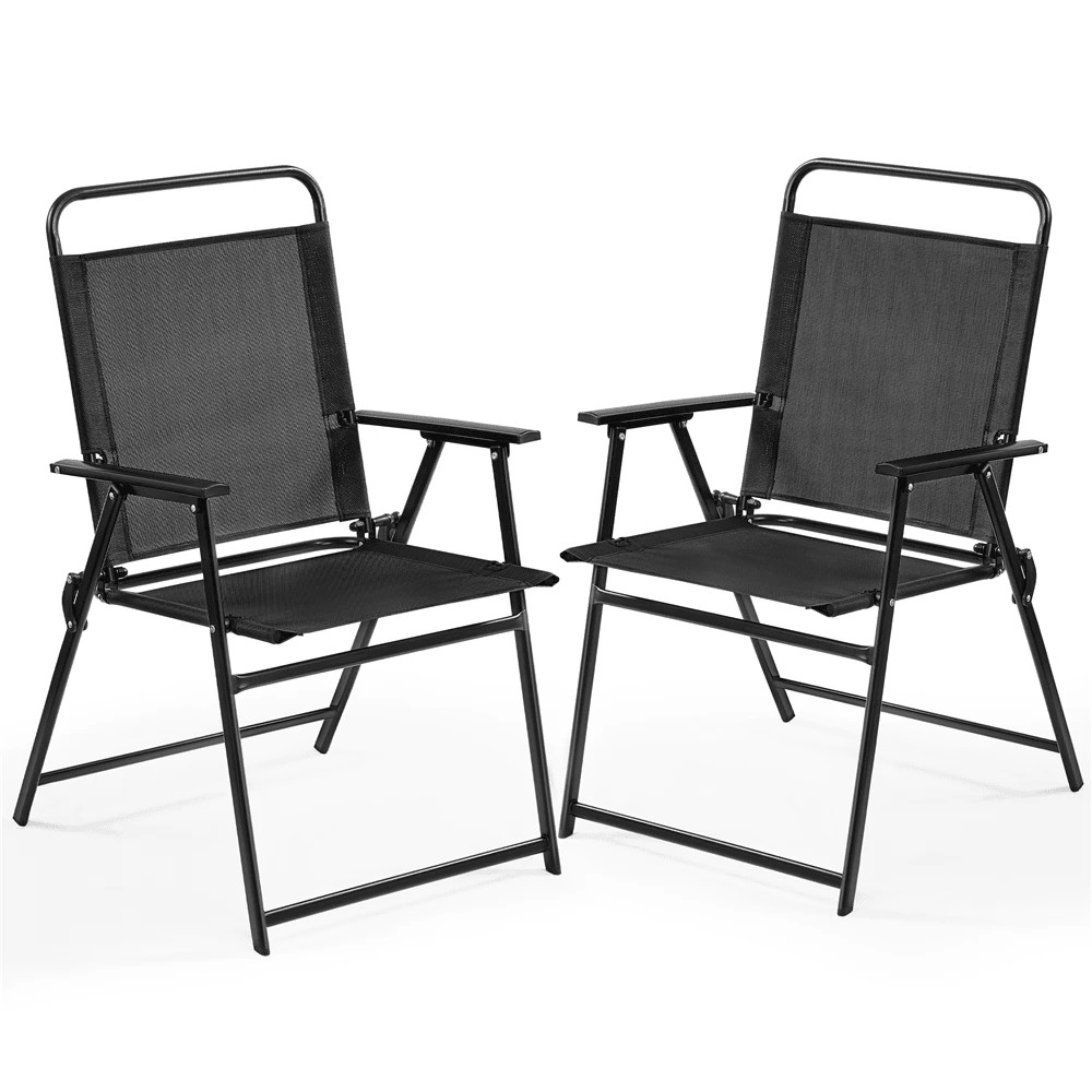 Two outdoor folding chairs, made of Teslin fabric, with backrest/armrests.