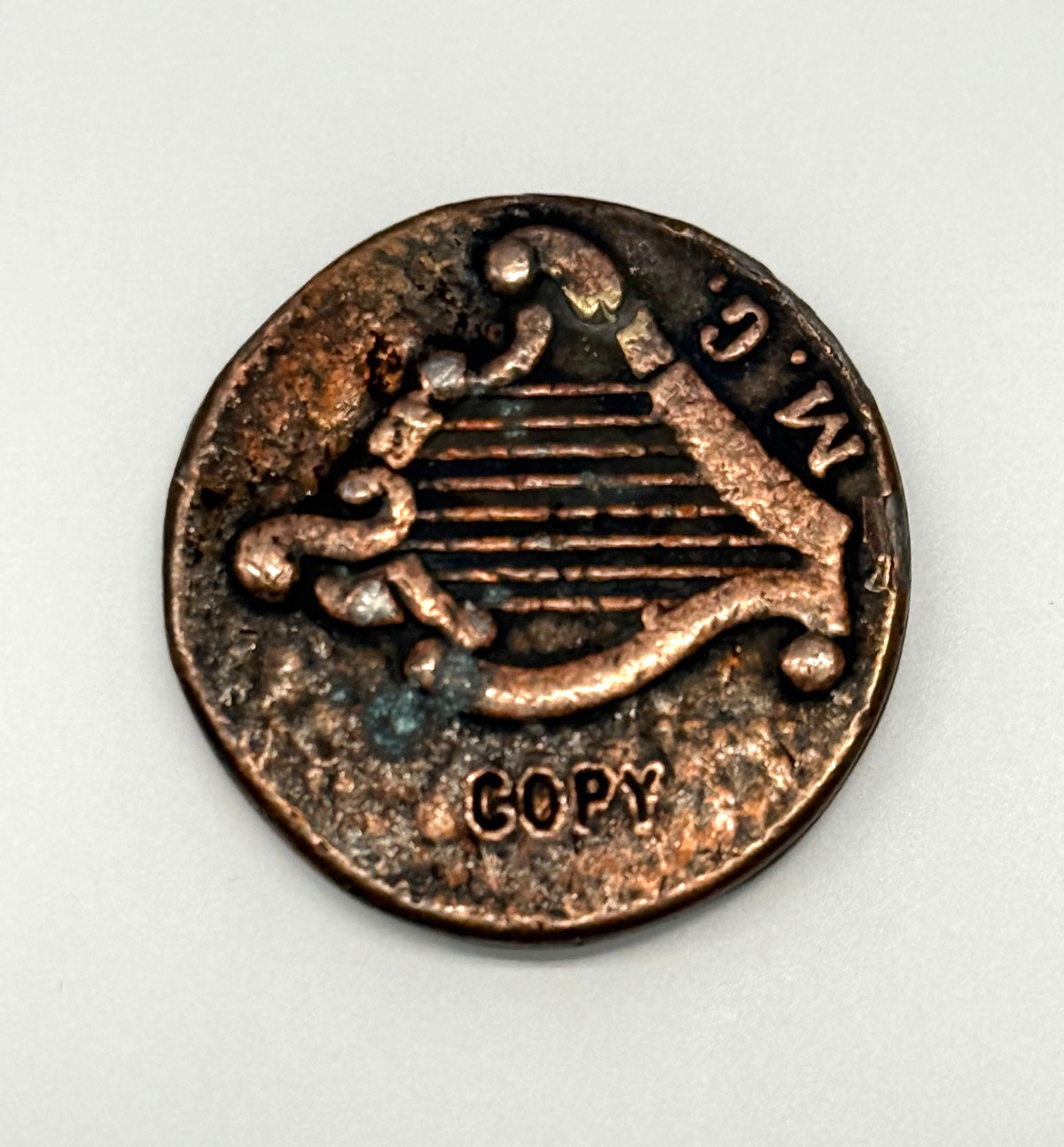 1776 Massachusetts Pine Tree Novelty Copper Coin Copy Obverse is a Harp