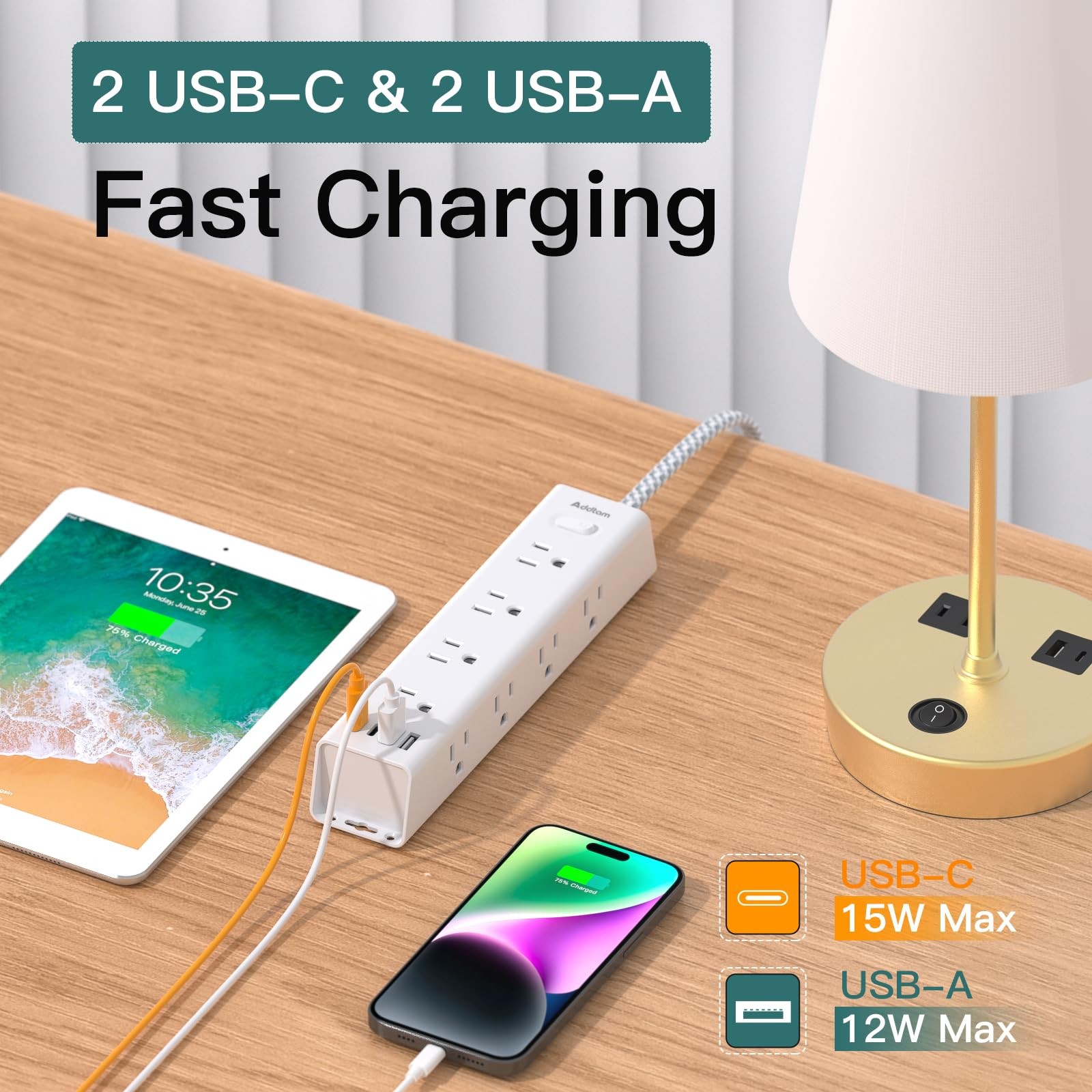 Surge Protector Power Strip - 10 FT Extension Cord, 10FT, White
