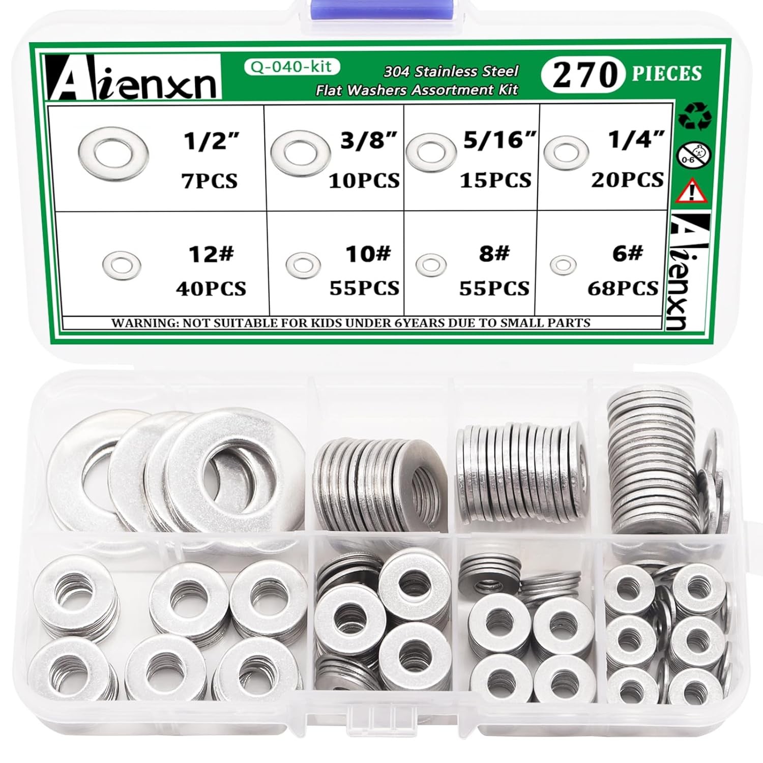 270PCS Flat Washers Assortment Kit, 8 SAE Sizes -1/2, 3/8, 6# -1/2 (270PCS)