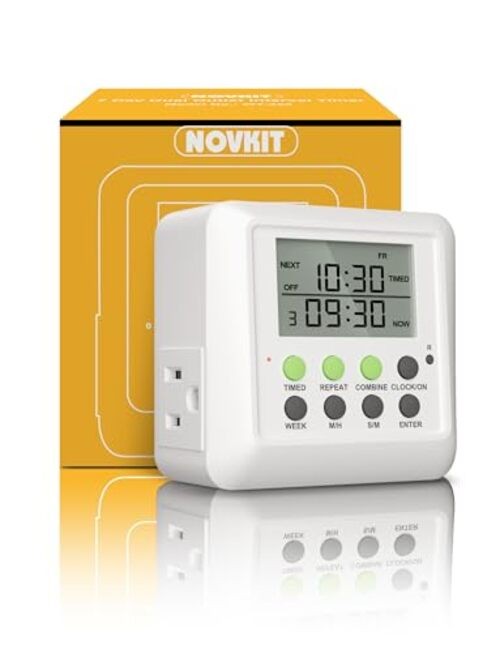 NOVKIT 3-in-1 Dual Outlet Timer Plug with Interval Cycle for Indoor, 7 Day 24