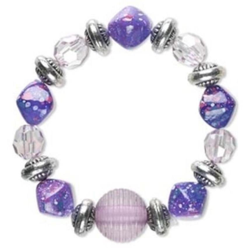 * Chunky Purple Lavendar & Silver Acrylic Nugget Beads Stretch Bracelet