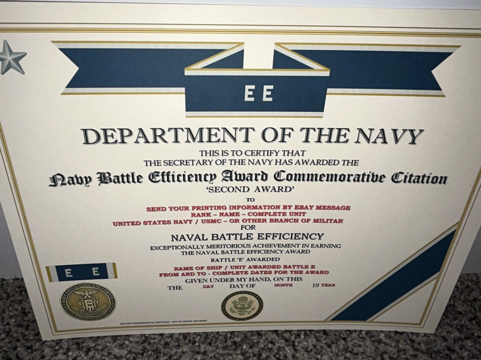 NAVY BATTLE E CITATION~2ND AWARD COMMEMORATIVE CERTIFICATE ~ TYPE-2 / W/PRINTING