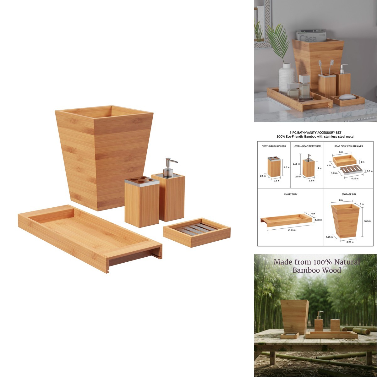 Lavish Home 5-Piece Bamboo Bathroom Accessory Set - Natural