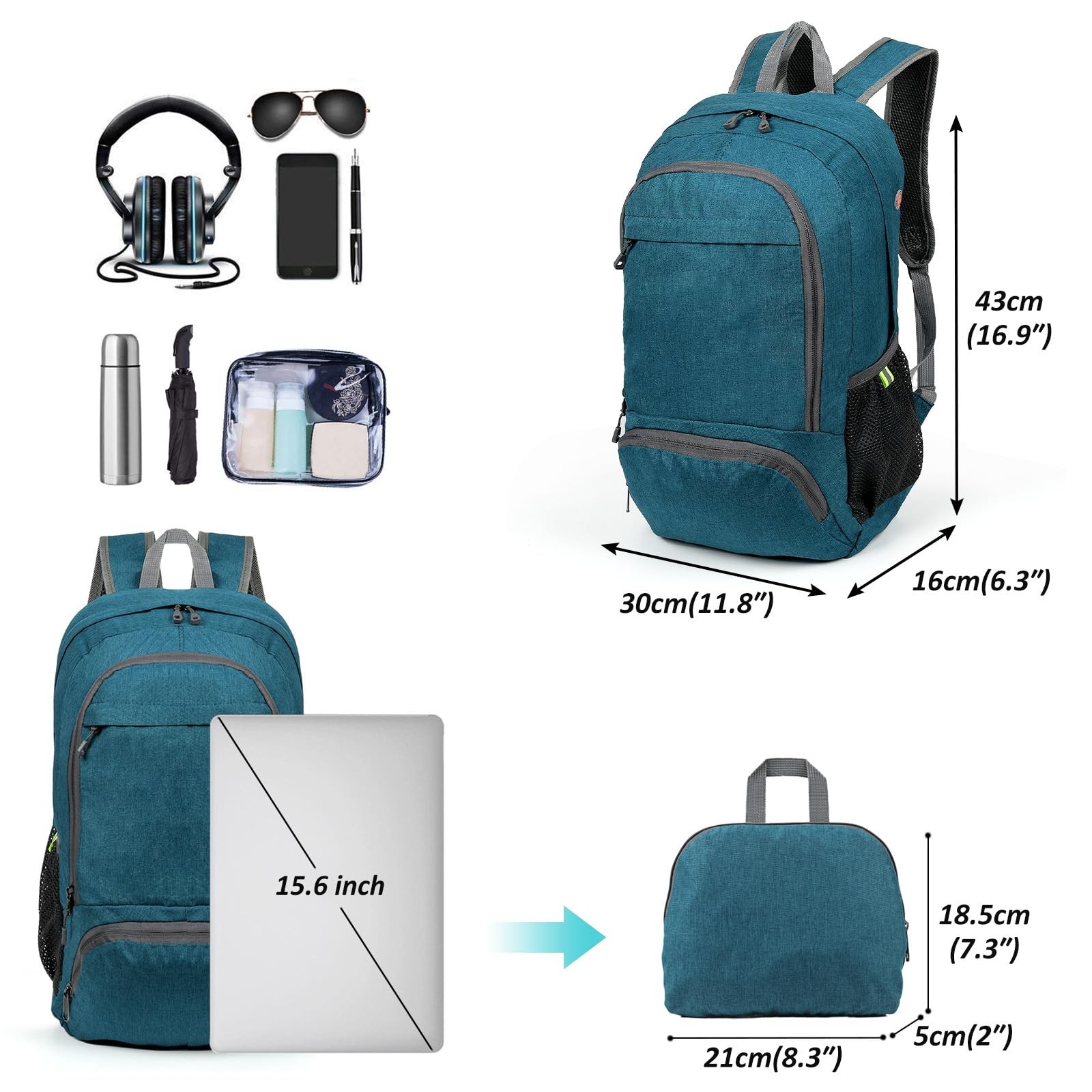 Ultra Lightweight Packable Backpack 25L Foldable Hiking Daypack Teal Blue