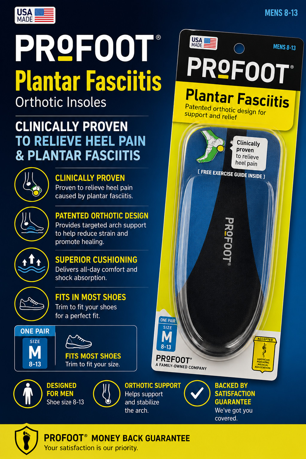 Profoot, Plantar Fasciitis Insoles Medium 8-13, 1 Pair