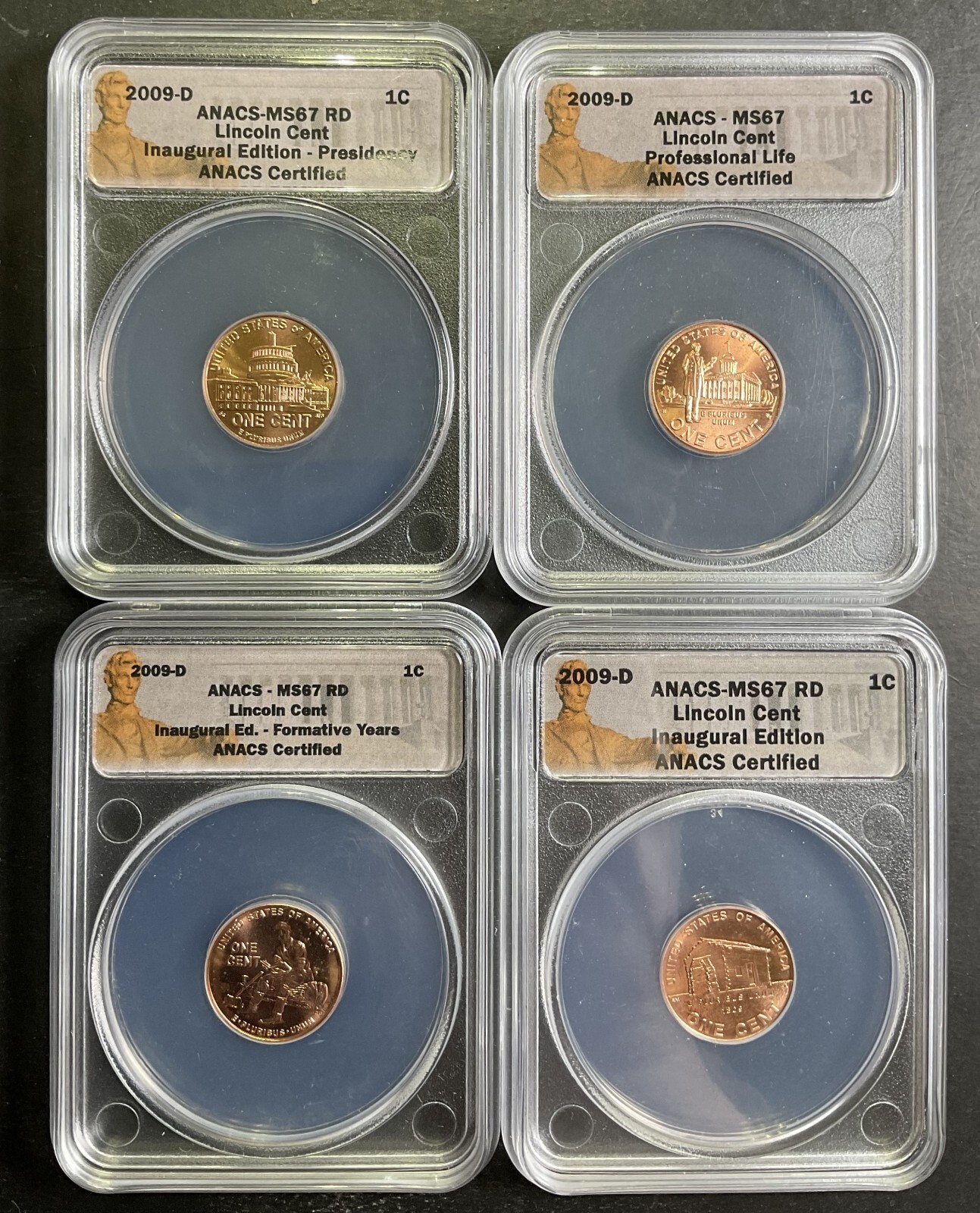 2009-D Lincoln Cent ANACS MS67 SUPERB 4 Coin Full Set Prof Life Years Pres Cabin