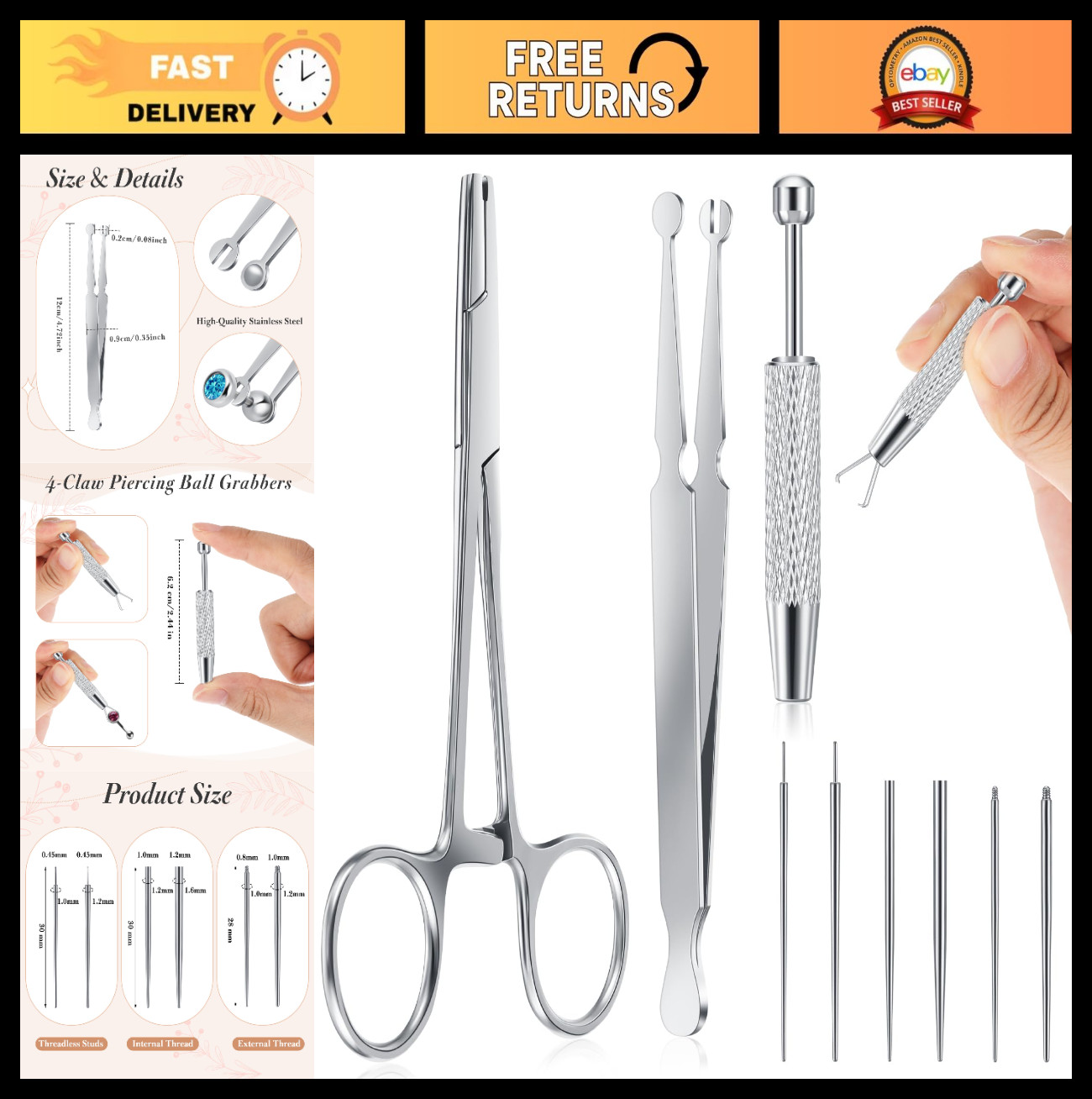 9pcs Stainless Steel Piercing Tool Kit - Ball Grabber, Screw Remover & Bead Clam