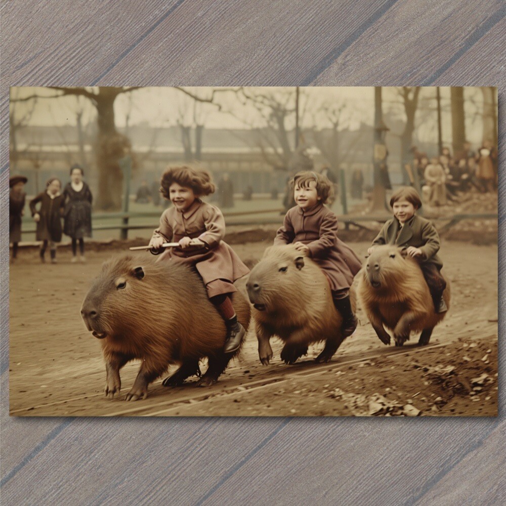 FLATCARD Capybara Kids Riding Old School Vibe Weird Strange Funny Race Giant