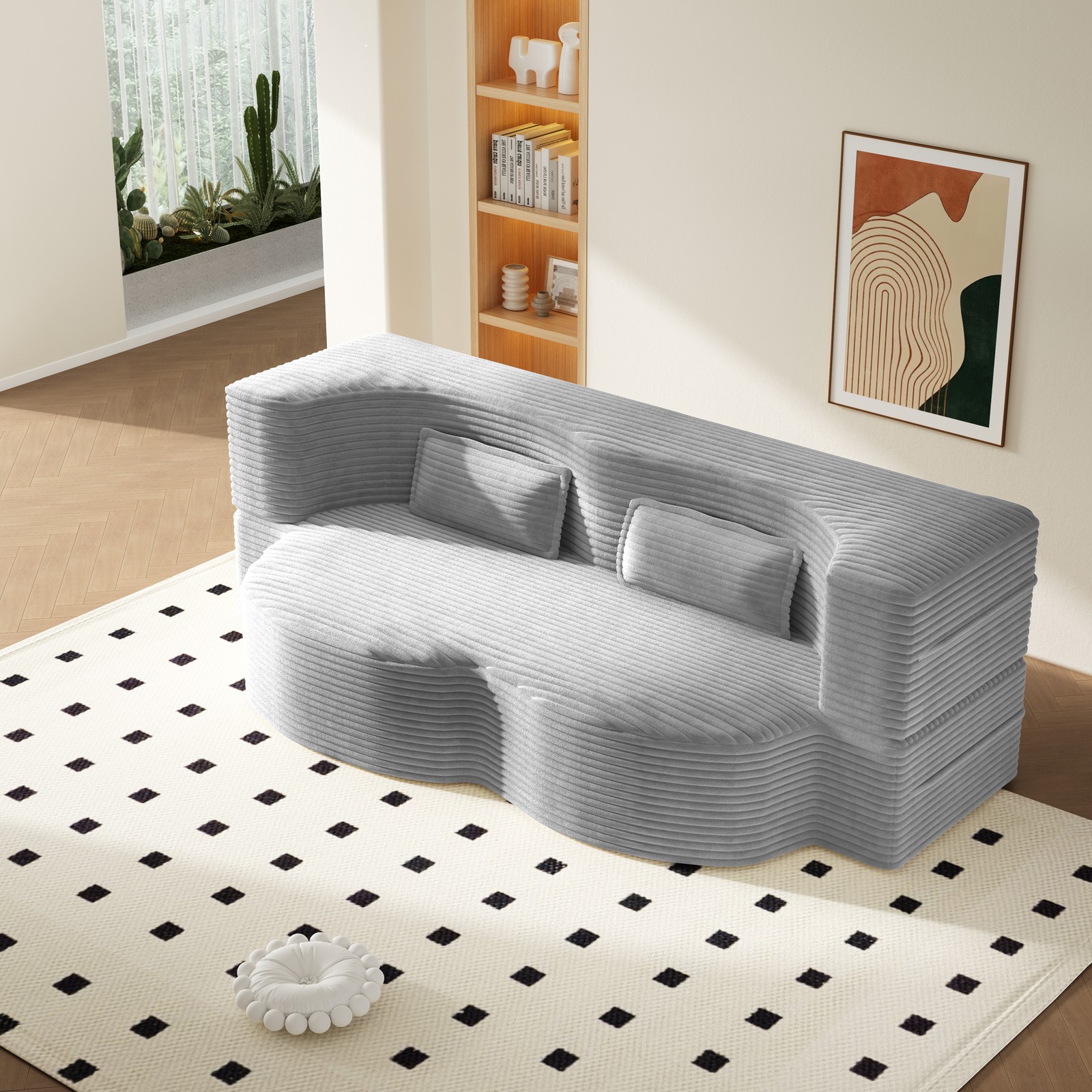 Modern Floor Sofa with 2 Pillows,Convertible Corduroy Fabric Foam-Filled Sleep