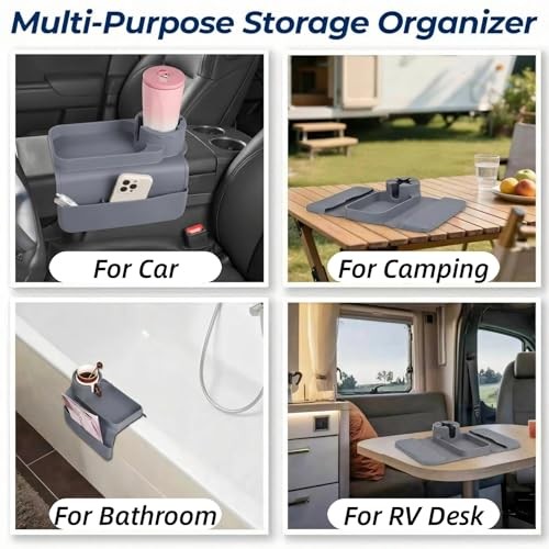 Silicone Couch Cup Holder Tray, 3-Side Sofa Armrest Organizer with Secure Grey