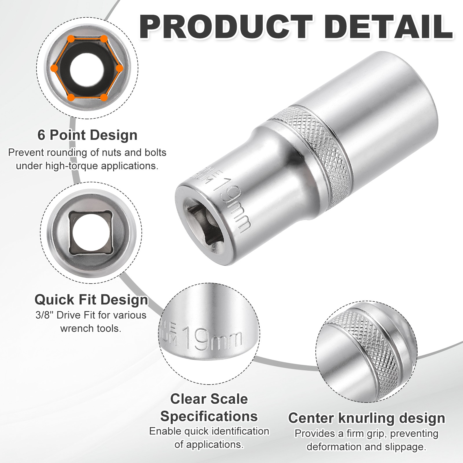 2pcs 6 Points Deep Socket 3/8" Drive 19mm Nickel Plating Impact Socket 2.5"