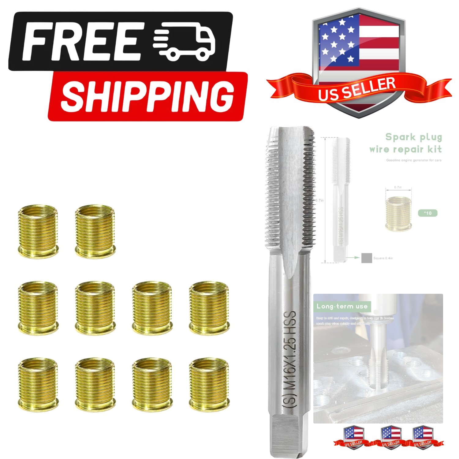 Spark Plug Rethreading Set with M14×1.25 Inserts & M16×1.25 Tap, Stainless St...