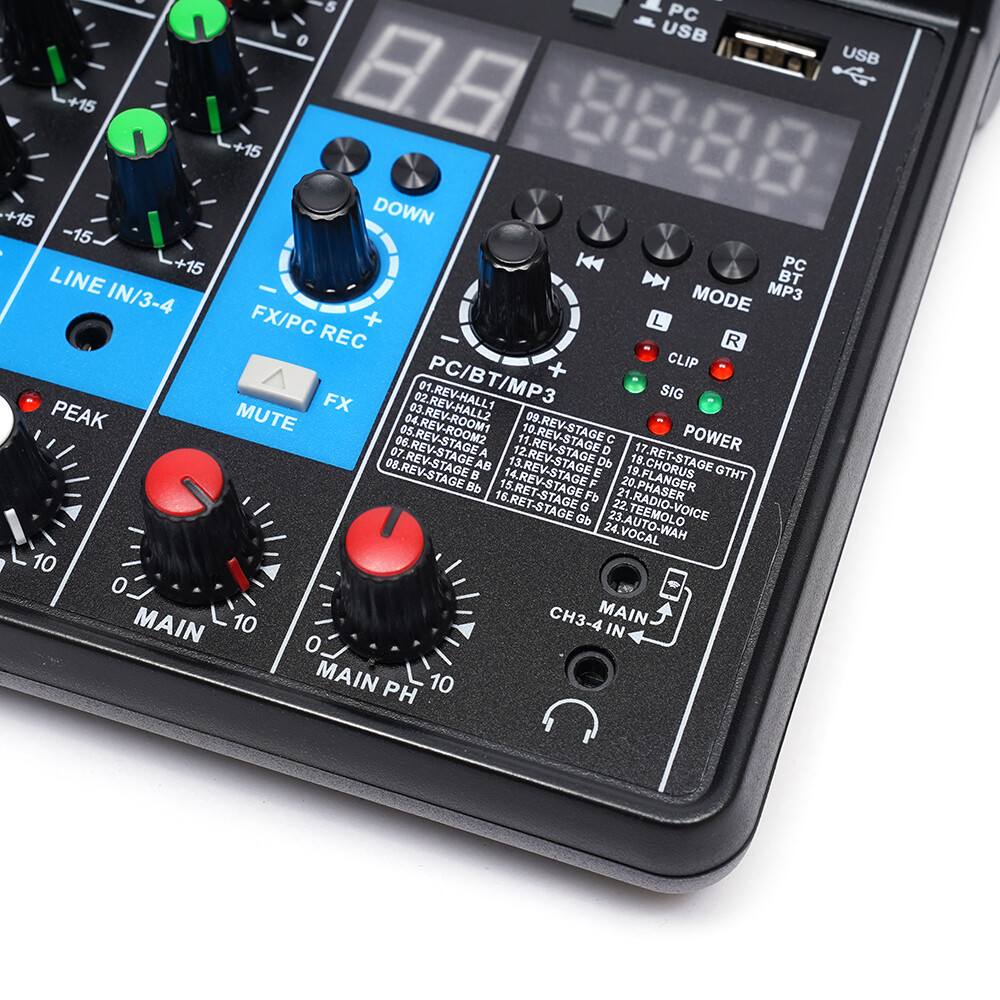 Mini Audio Mixer Bluetooth USB DJ Console 4 Channel Karaoke Live Studio 24 DSP