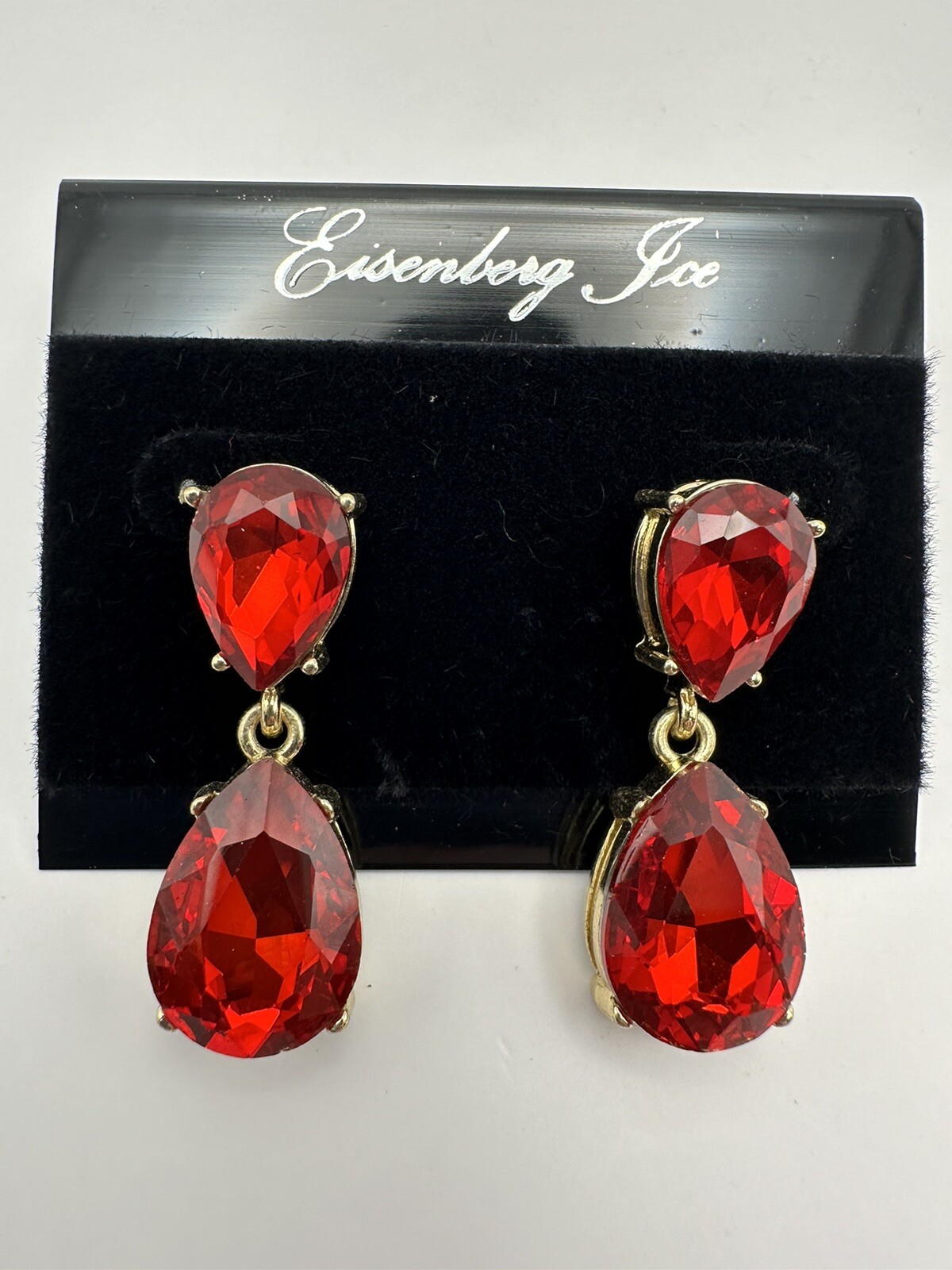 Vintage Eisenberg Ice Gold Tone Red Crystal Dangle Drop Post Earrings NEW w TAG