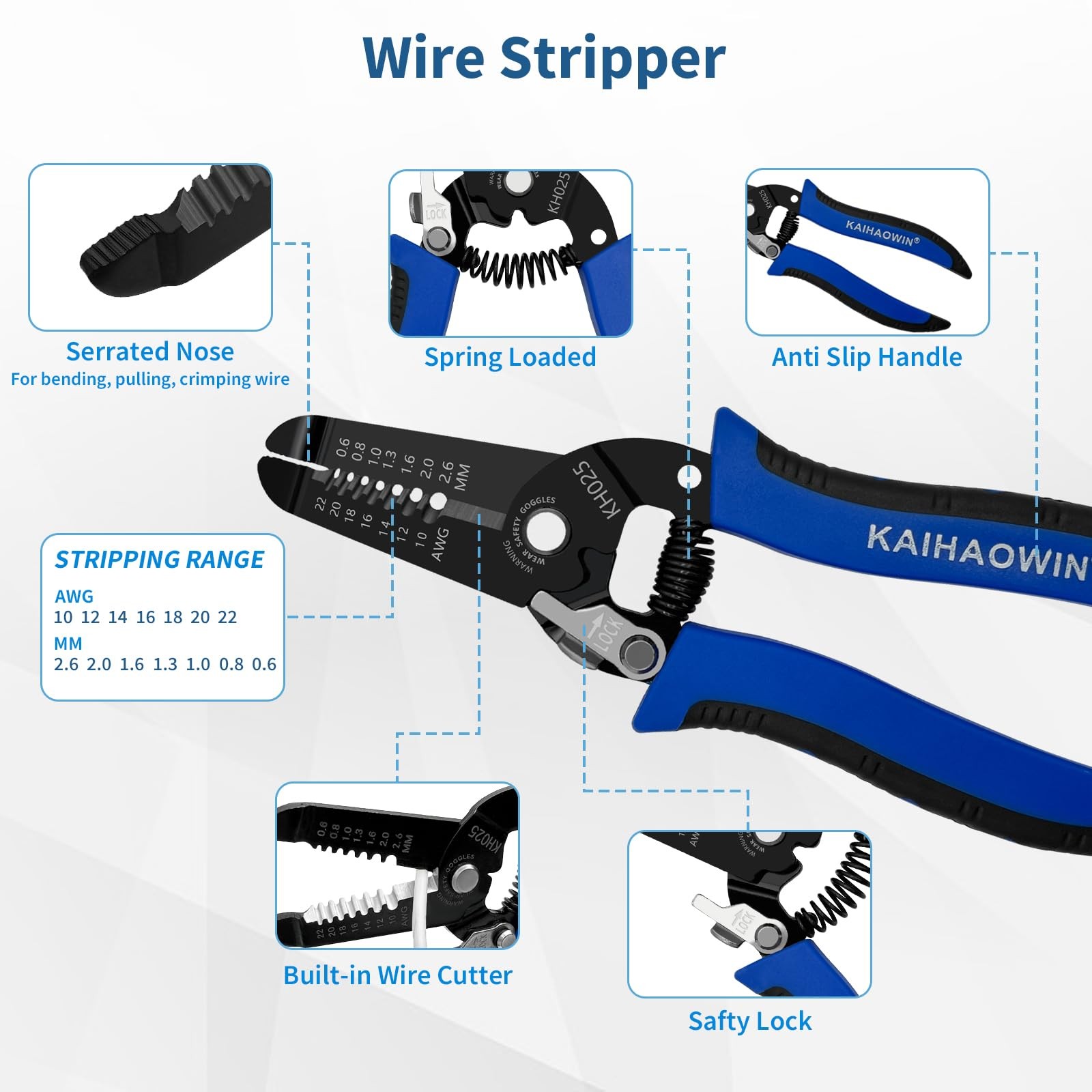 5 Pack Wire Stripper and Cutter with Safety Lock and Spring Loaded Profession...
