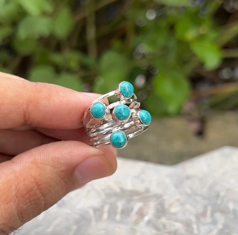 925 Sterling Silver, Turquoise Gemstone, Minimalist, Stack Ring, Births All Size