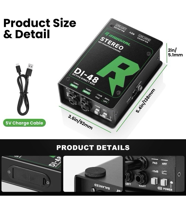 Direct Box with Dual 1/4” High-Impedance Stereo Inputs Di Boxes Active
