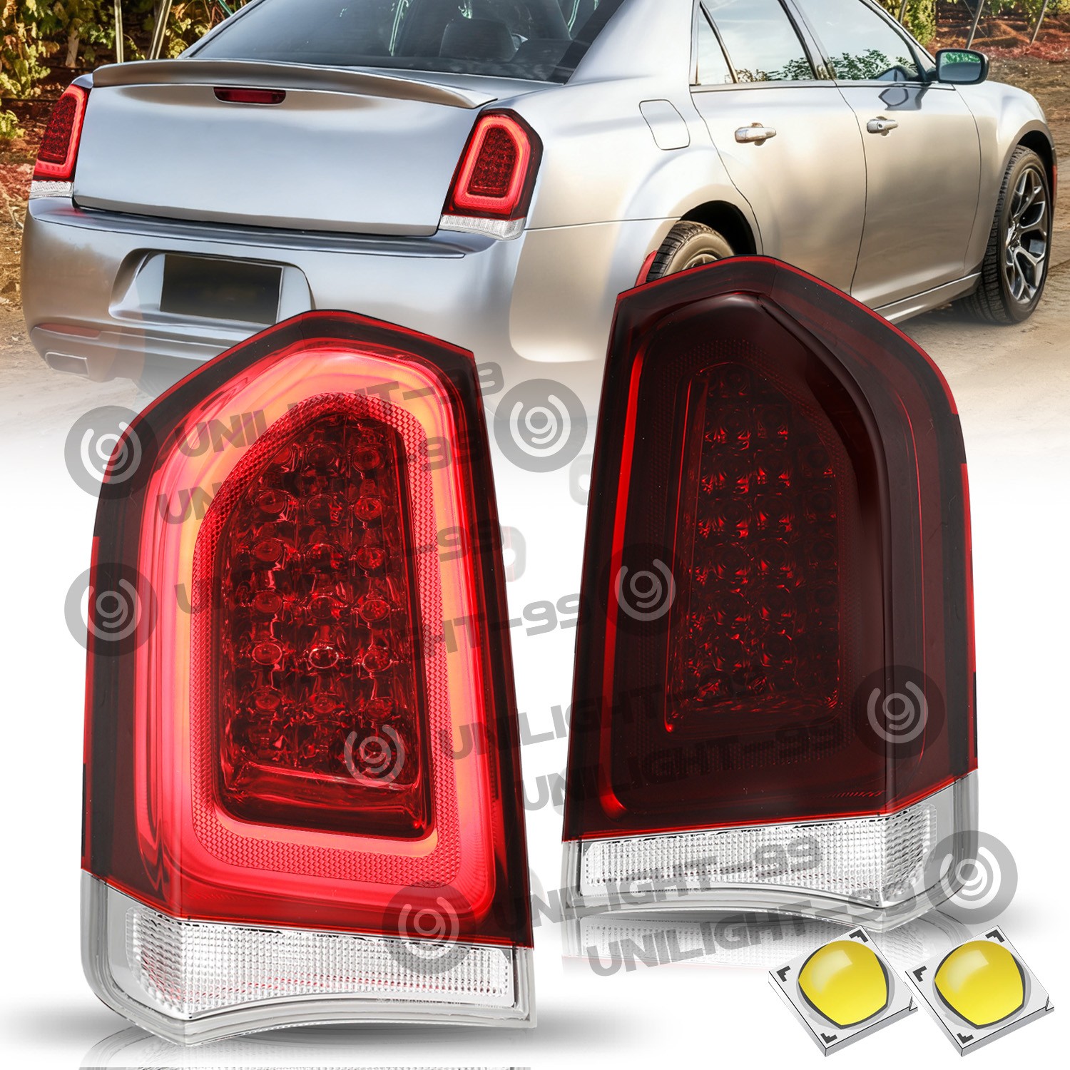 For 2015-2023 Chrysler 300 Full LED Tail Light Red Smoke Brake Lamp Pair LH+RH