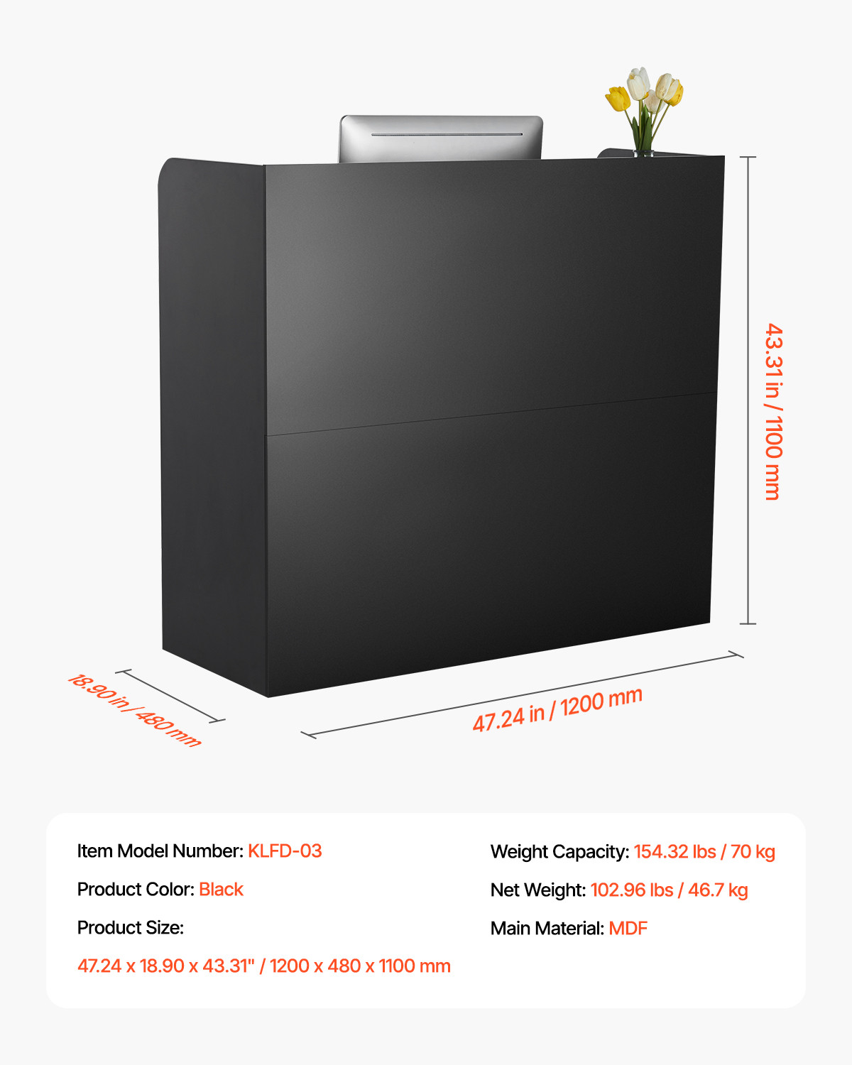 Reception Desk Rectangular Front Counter Table 47.24 in Black Office Table