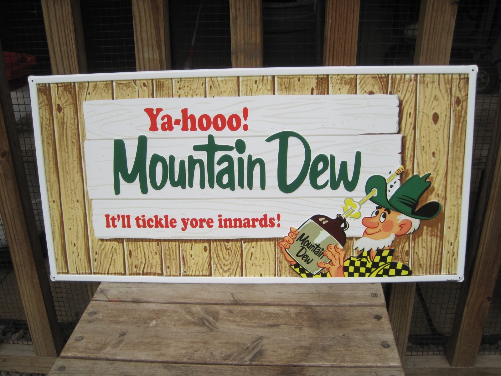 HUGE!  29.5" Mountain Dew Embossed Steel Sign Fence Advertising Hillbilly Sign