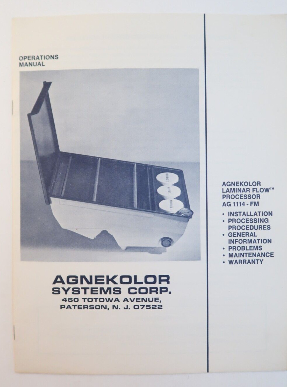 Agnekolor Systems Operations Manual Vintage Paper Booklet Laminar Flow AG 1114FM
