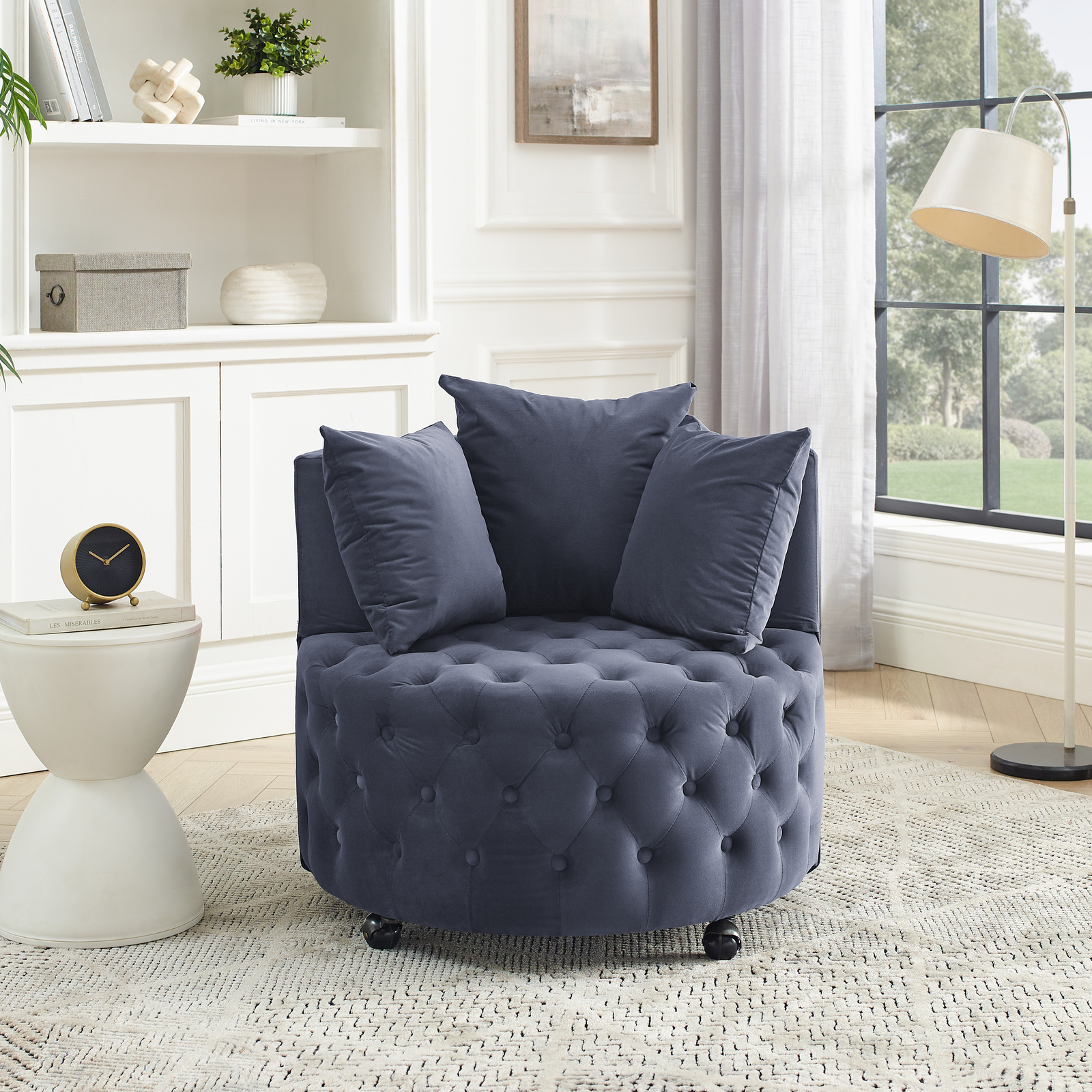 Velvet Upholstered Swivel Chair for Living Room, w/ Button Tufted Design Grey