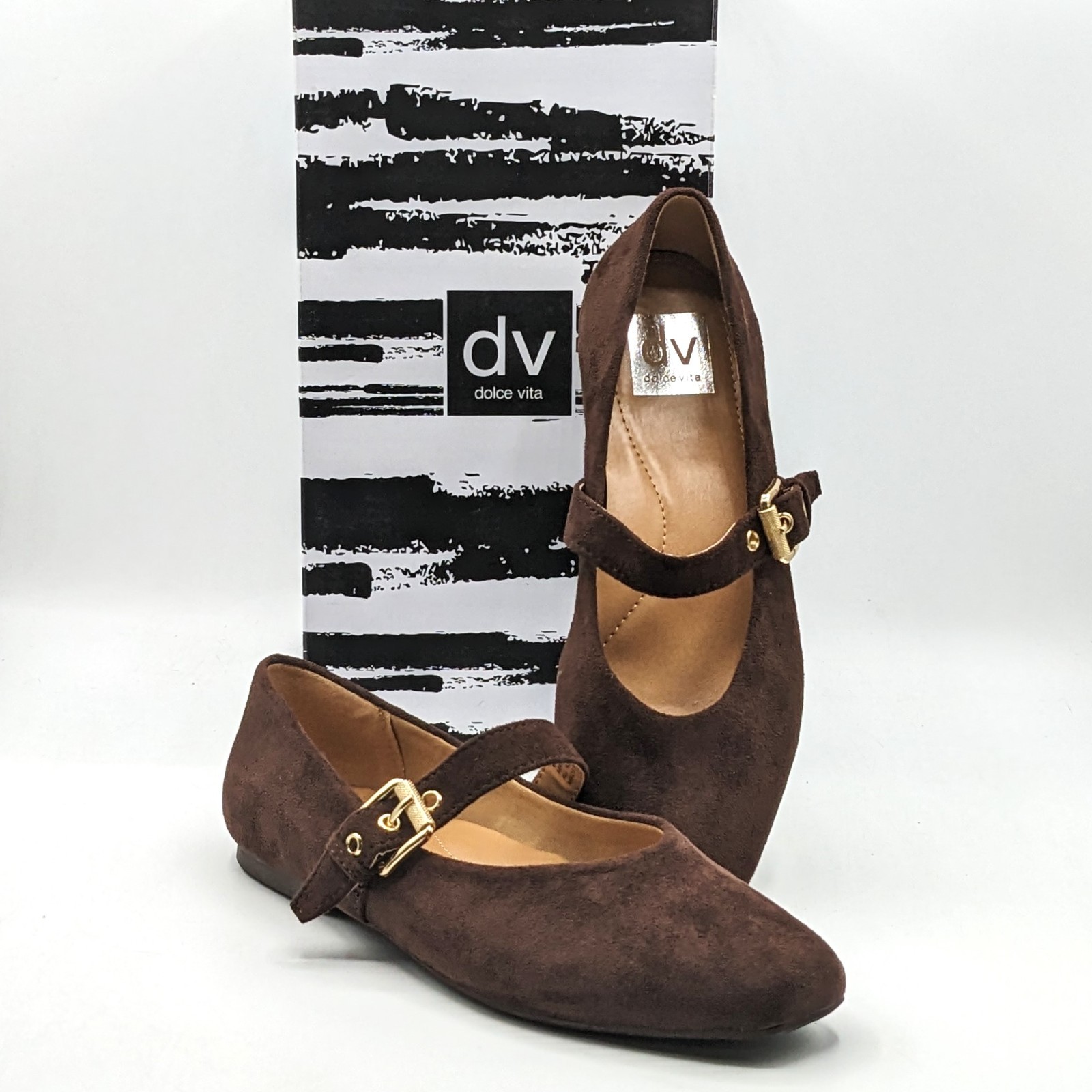 dv by Dolce Vita “Ballet Flat” Faux Suede Brass Buckle Foam Insole (Brown) NEW