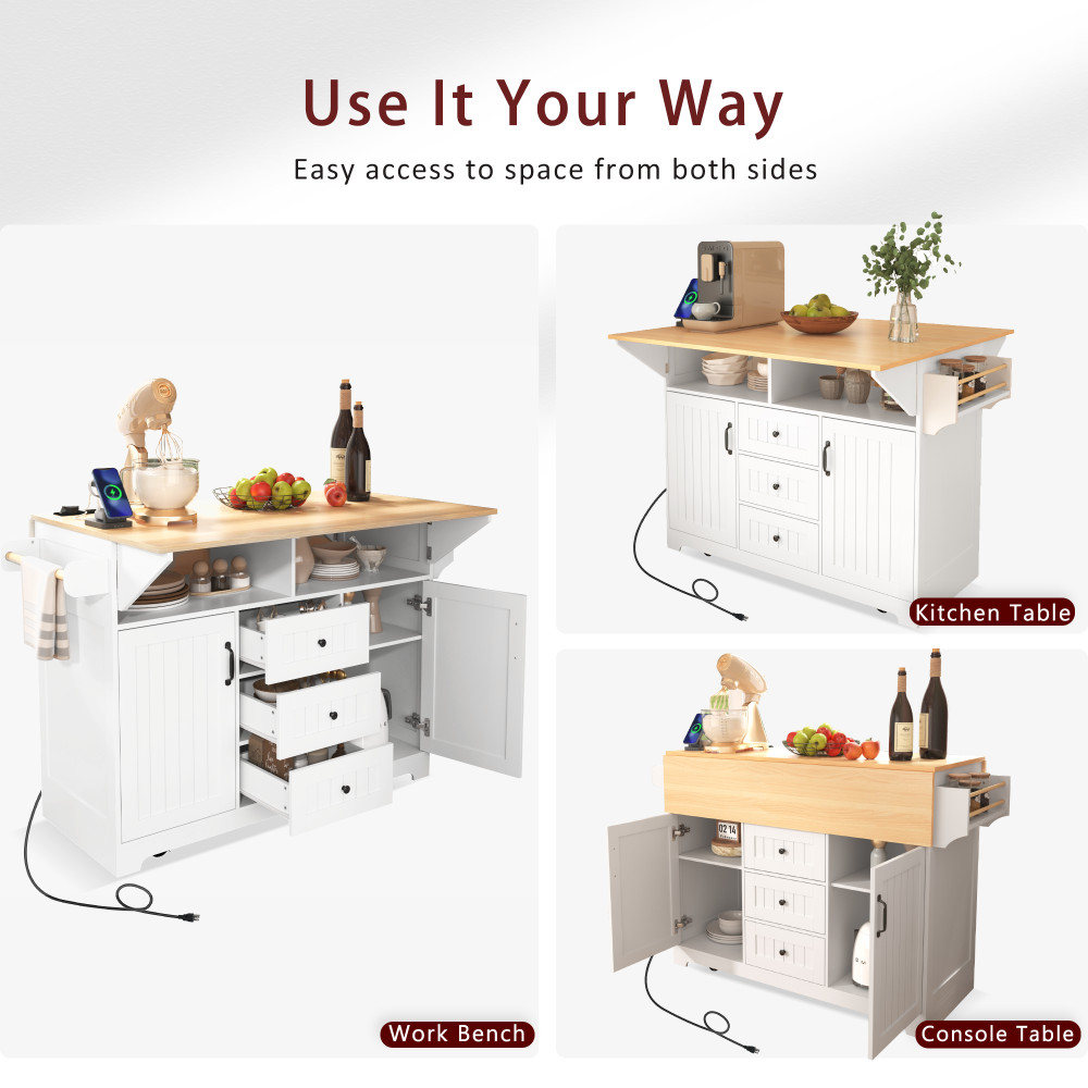 55.7'' Large Kitchen Island with 2 Drop Leaf,, Rolling Kitchen Cart on 5 Wheels
