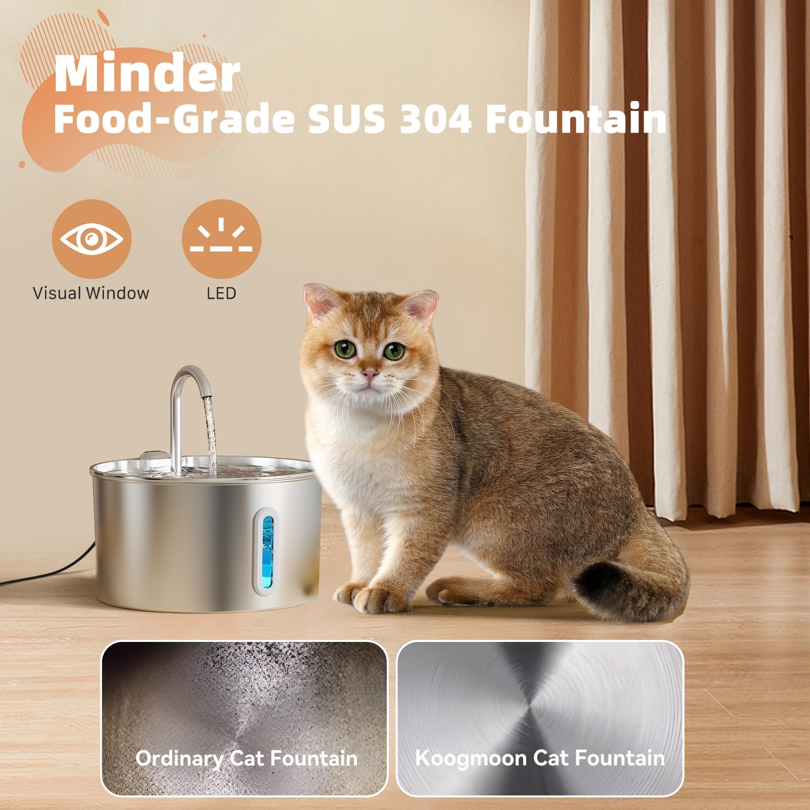 Cat Water Fountain Stainless Steel: 2.2 L Cat Fountain for Drinking - Automat...
