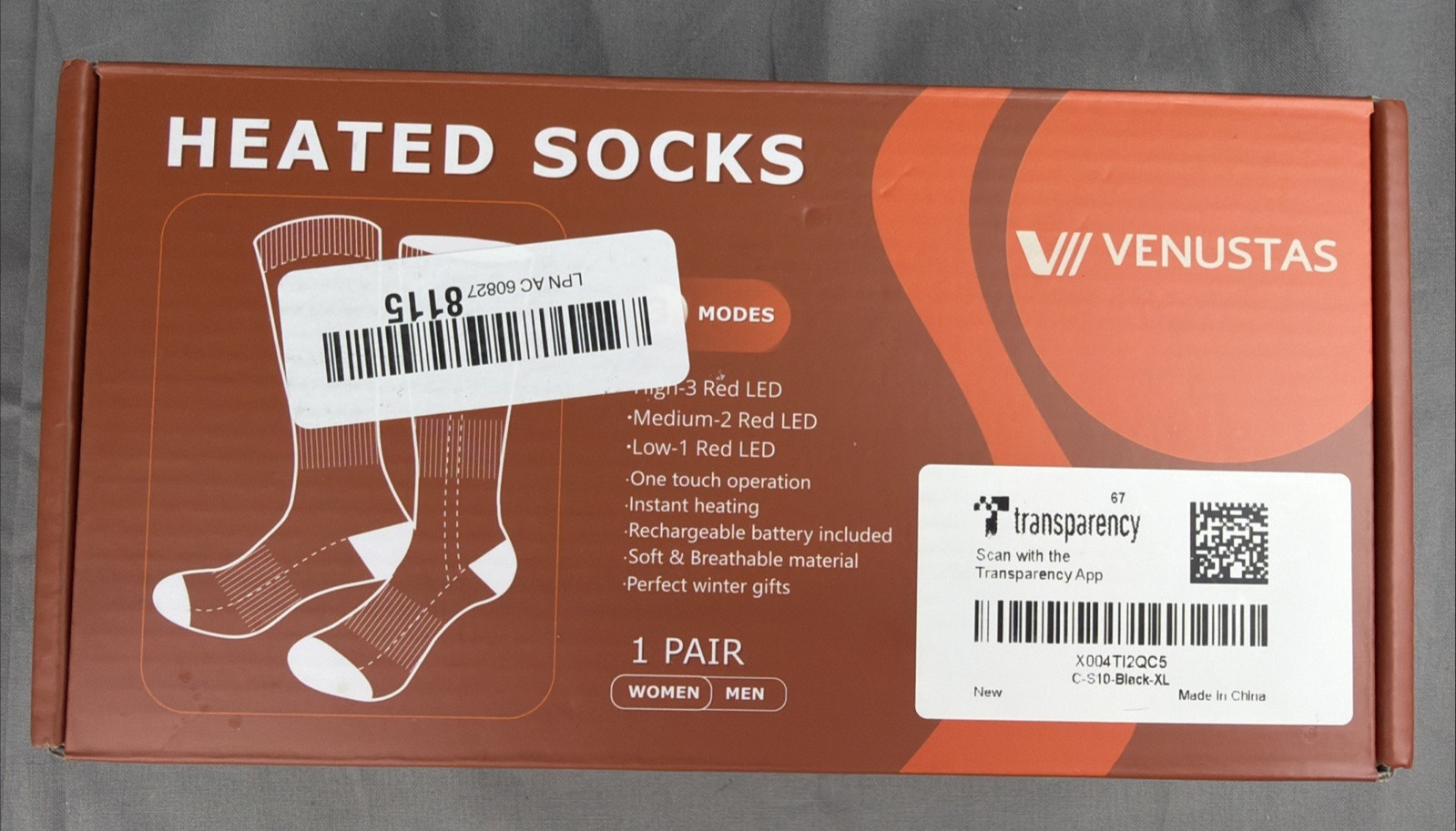 Venustas Heated Socks Unisex Men Women Black XL X-Large Rechargeable Battery