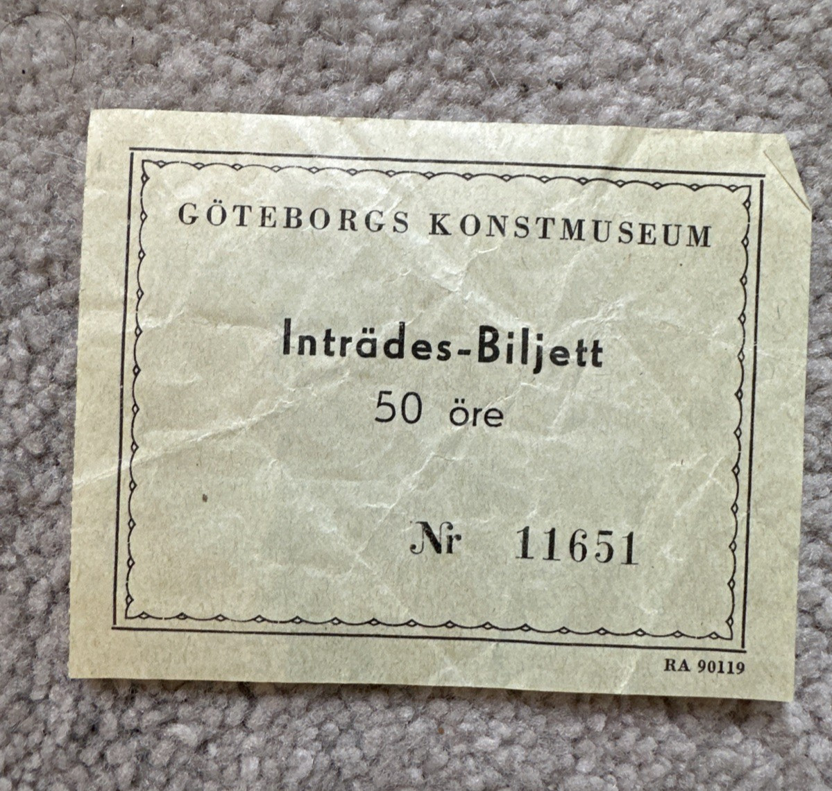 VTG Göteborgs Konstmuseum Inträdes Biljett Ticket SWEDEN 50 öre