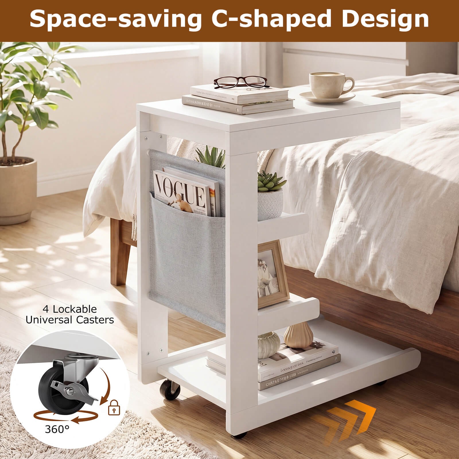 2PCS C-shaped End Table w/Wheels Adjustable Desktop Edge Stopper Storage Pocket