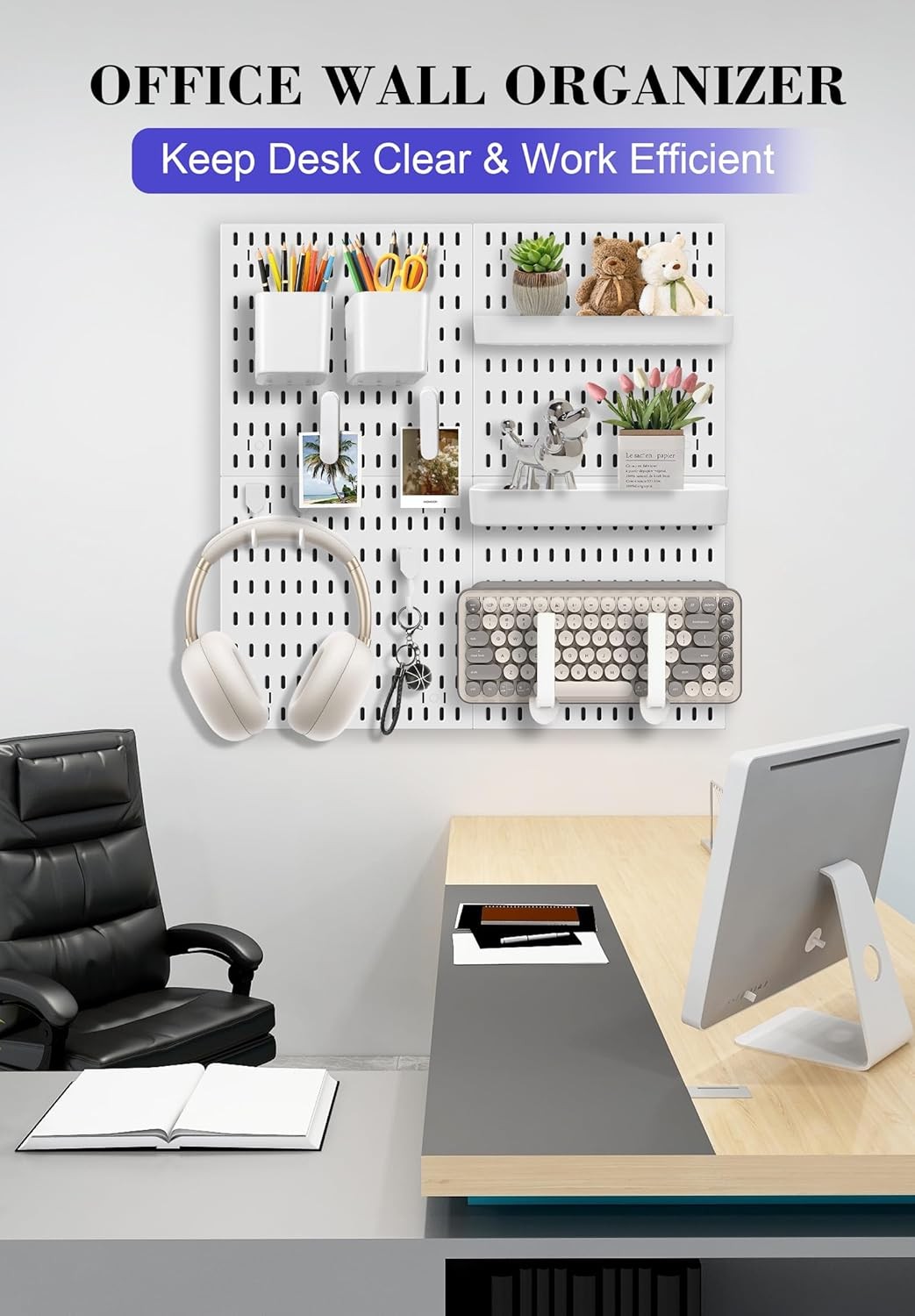 Pegboard Wall Organizer Set – 4 Peg Boards with Hooks & Shelves – Office, Ki