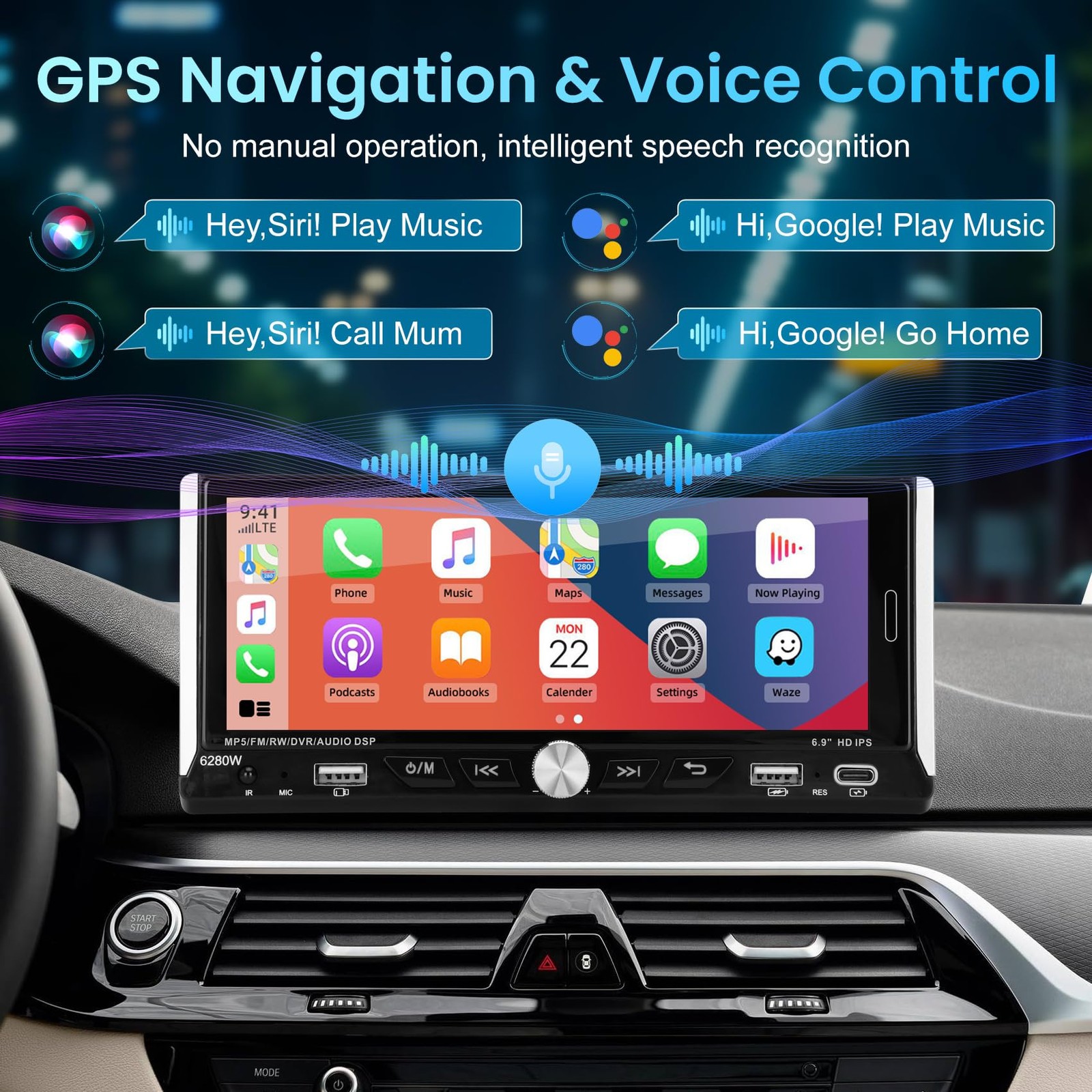 6.86' Single Din Touchscreen Car Stereo with Wireless Apple Carplay Android
