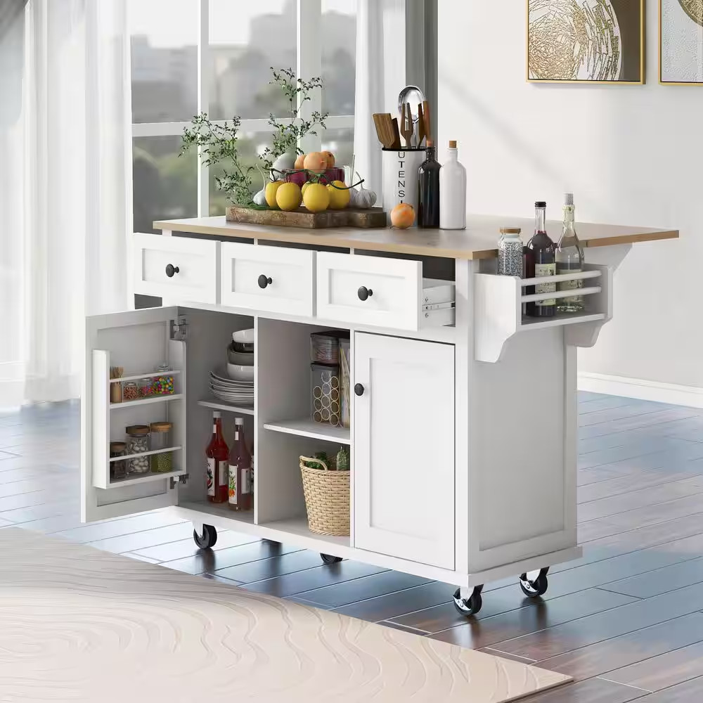 White Wood 53.1 In. Kitchen Island with Drop-Leaf Countertop, Rubber Wood Top, 5
