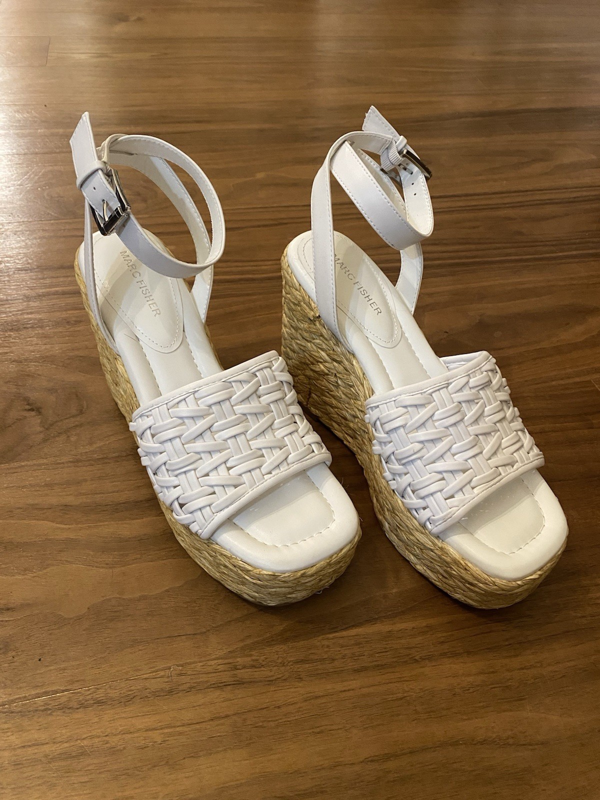 Marc Fisher Women's White Godina Espadrille Square Toe Wedge Sandal Shoe Sz 10