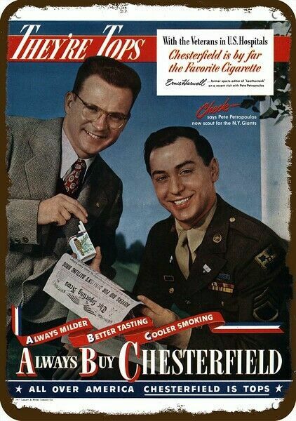 1947 Ernie Harwell & Chesterfield Cigarettes DECORATIVE REPLICA METAL SIGN