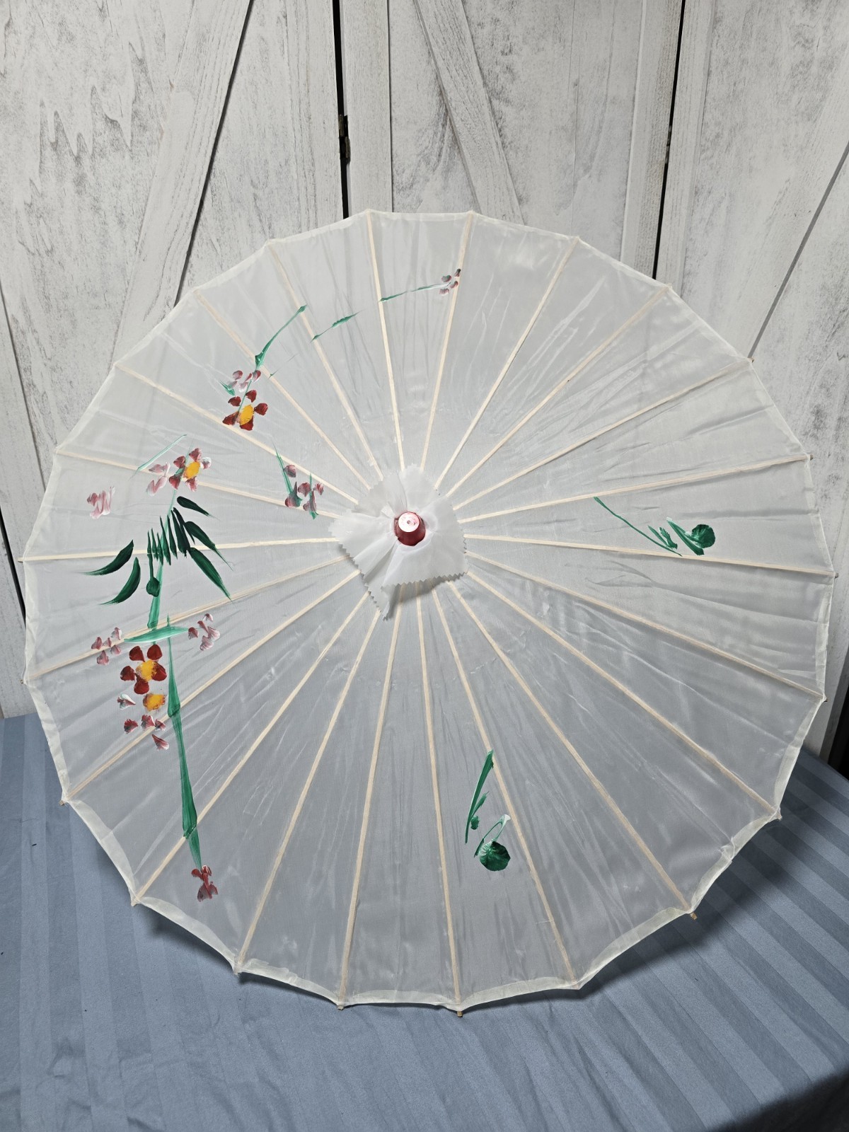 Translucent White Oriental Flower Umbrella 32" Diameter Wood, Plastic, Fabric