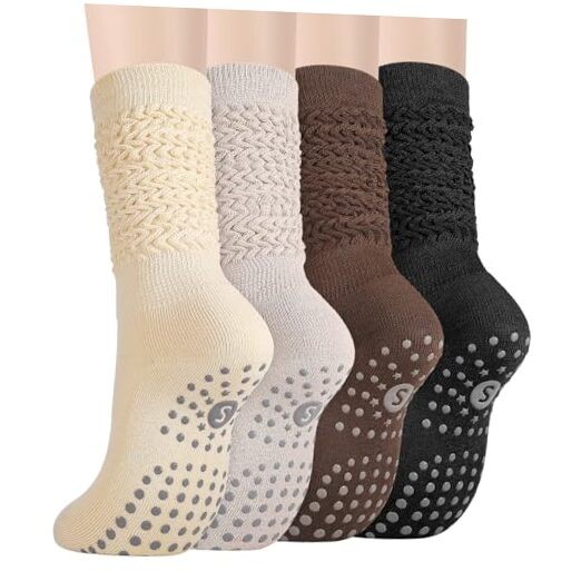 4 Pairs Grip Pilates Socks for Women Non Slip Yoga Slouch Socks with Grips