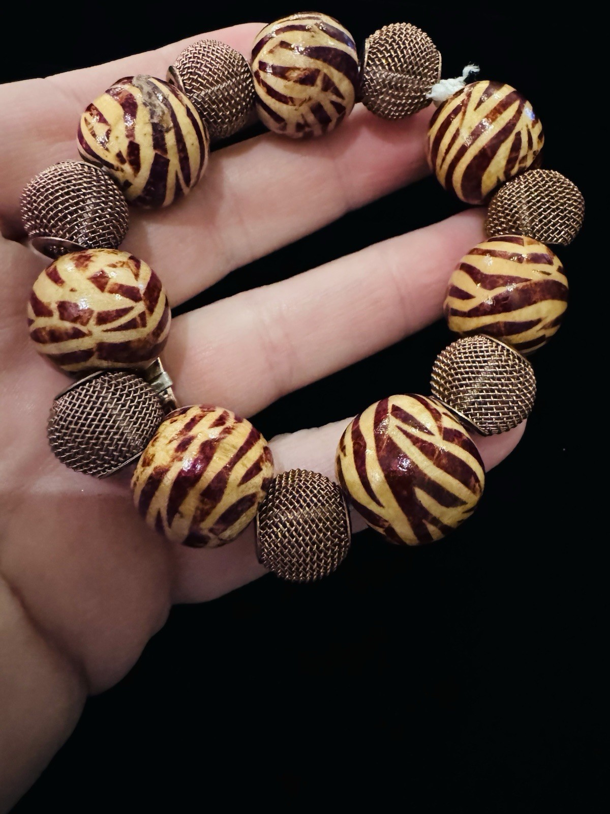 Handmade Artisan Bead Stretch Bracelet Brown Tan Gold Statement