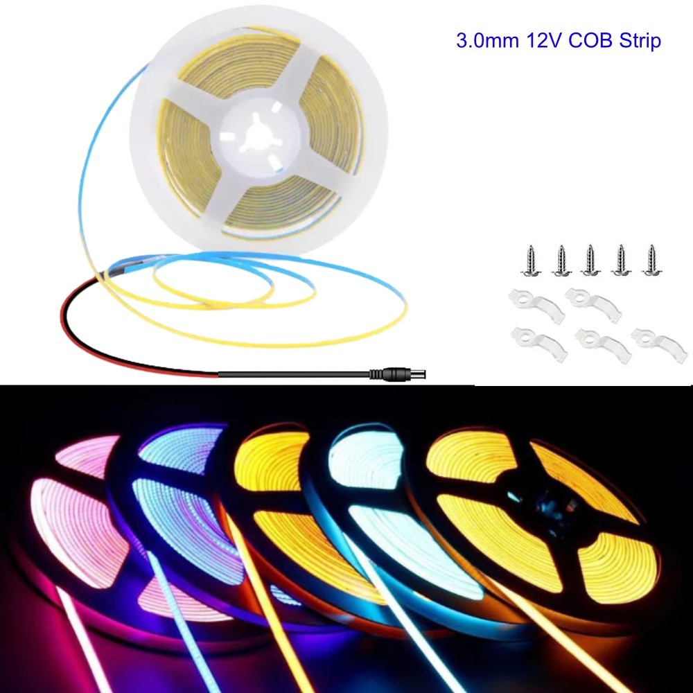 3mm COB Strip Light, DC 12V Red 16.4ft Flexible Cuttable Ultra-Think