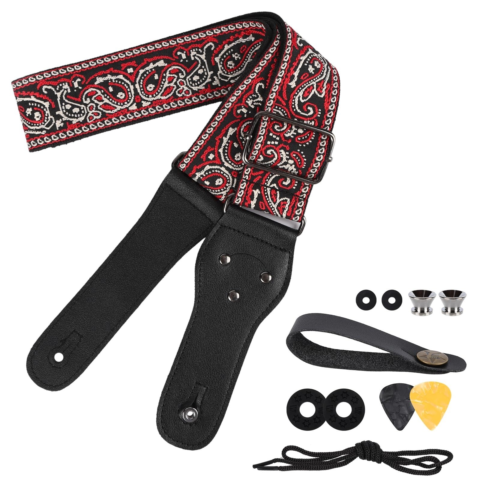 Guitar Strap Vintage Jacquard with Built-in Pick Pocket, Thickened Leather En...