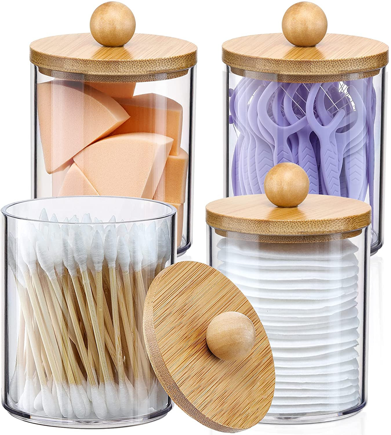 Paquete De 4 Dispensadores De Qtip Con Tapas De Bamb�, Tarros Transparentes