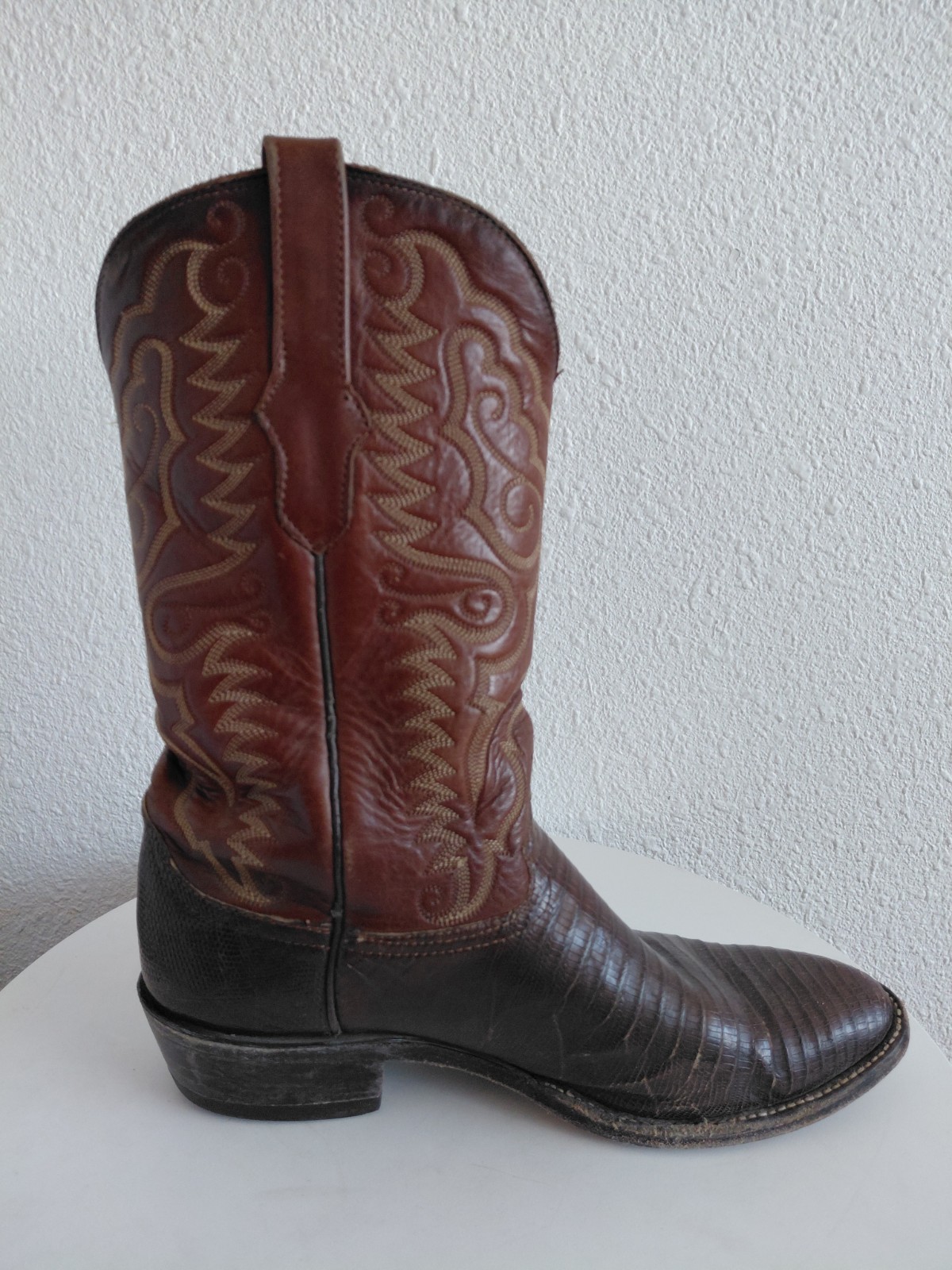 Western Brown Leather Boots Lizard Vamp Handcrafted In Mexico Mens Size 10